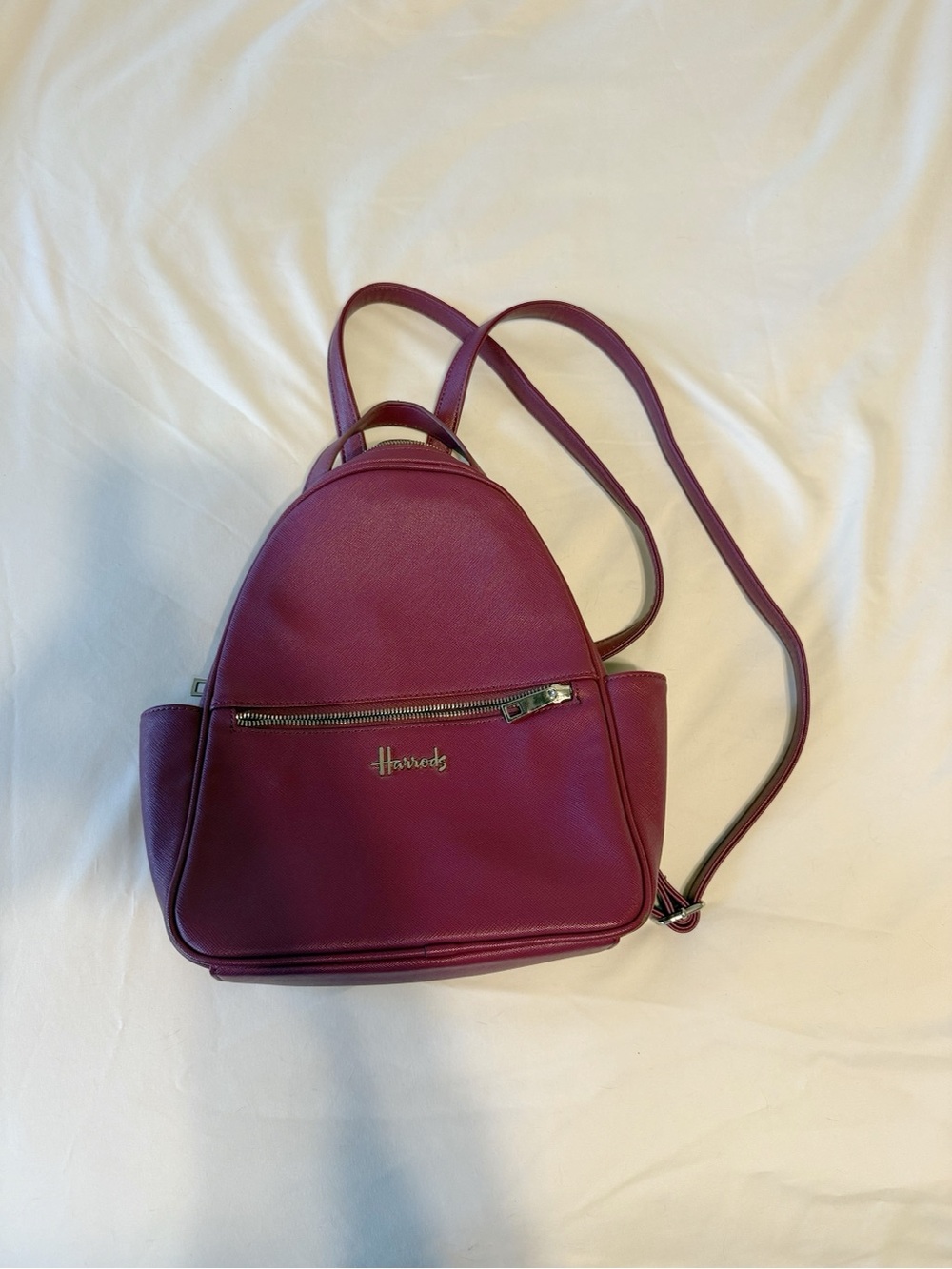 Harrods Plum Leather Backpack Purse with Silver-Tone Hardware
